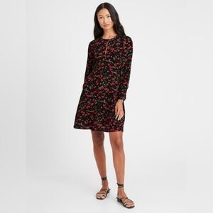 Banana Republic dark micro ditsy floral key hole long sleeve black dress